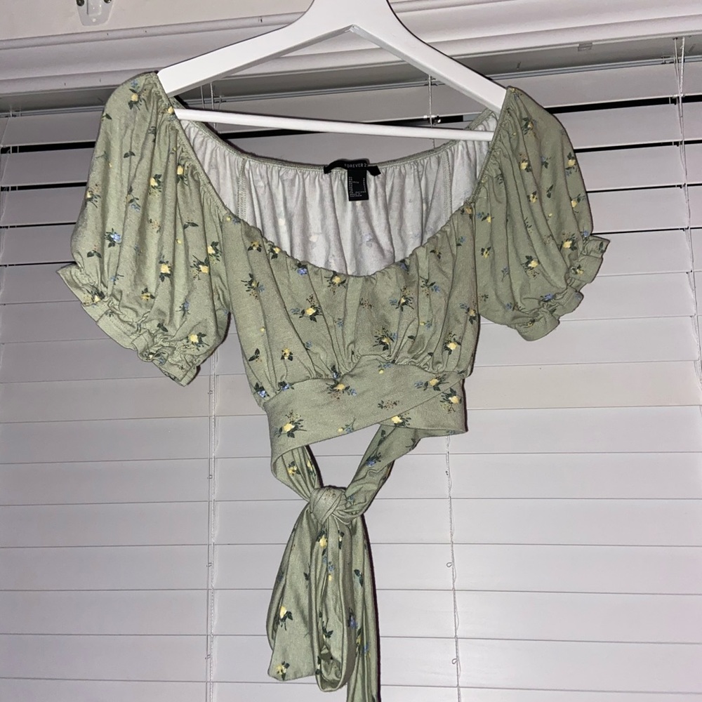 Sage Green Ruffled Cropped Blouse With Tie in Back